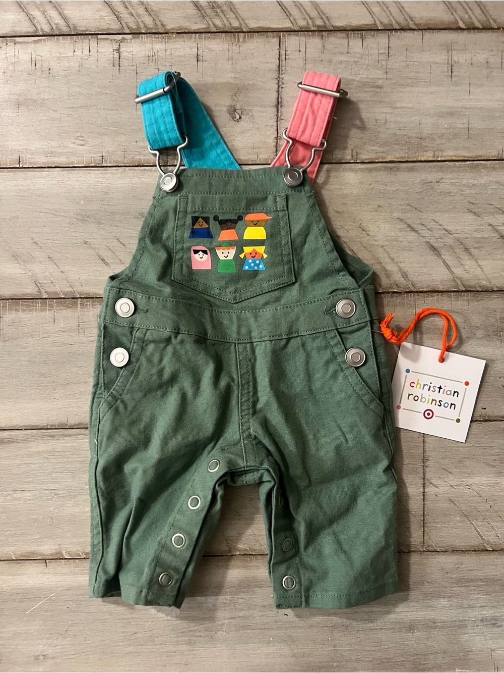 Target Green Toddler Overalls with Teal and Pink Straps
